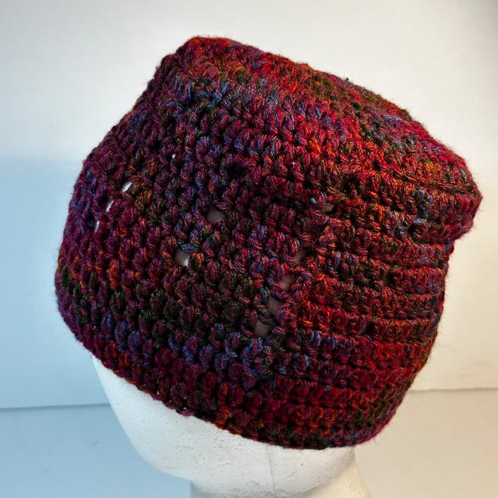Handmade Crochet Flat Top Beanie Hat For Adults - Multi-Color Acrylic Blend